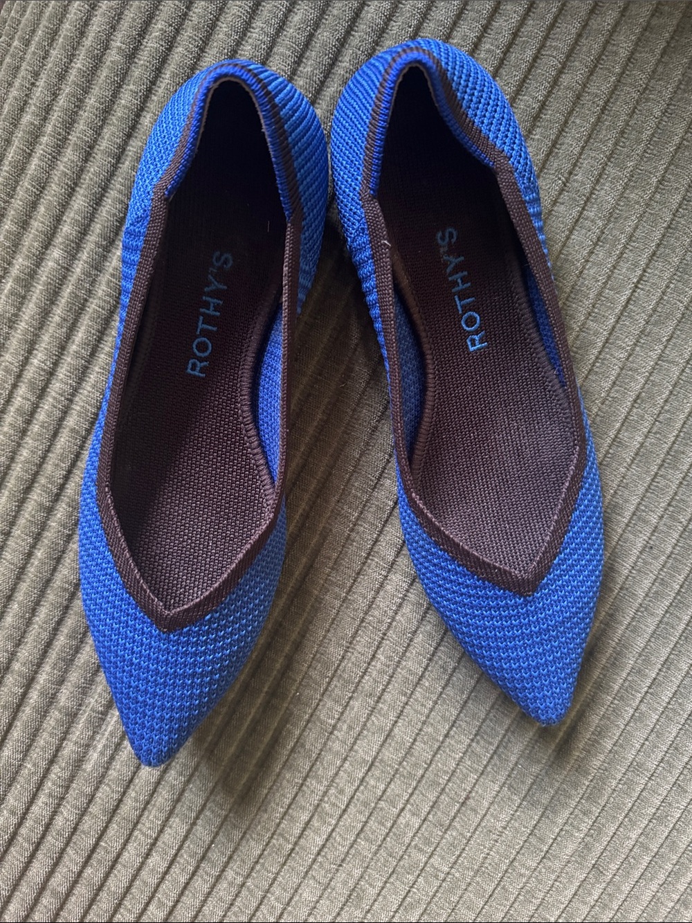 Rothy's Women's Blue Pointed Flats with Chocolate colored trip and insoles- 7
